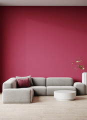 Viva magenta, fucsia hot pink in luxury living lounge or reception. Crimson bright color wall fusia accent background. Modern premium room design interior home. Gray rich gunny sofa. 3d render 