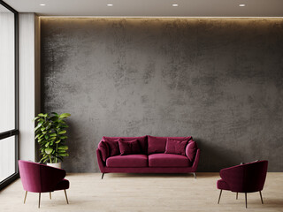 Luxury livingroom in deep color. Lounge furniture  magenta deep violet color accent and dark microcement wall. Empty background for art. Rich interior design. Mockup office or reception. 3d render - obrazy, fototapety, plakaty