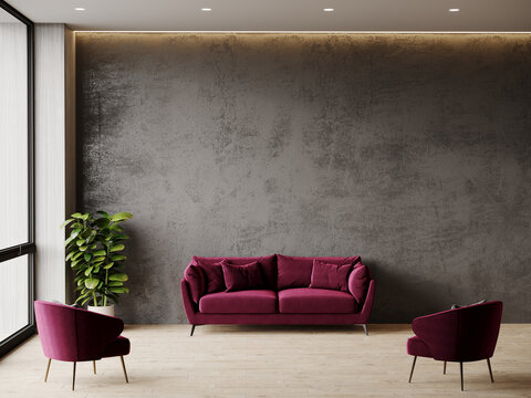 Luxury livingroom in deep color. Lounge furniture  magenta deep violet color accent and dark microcement wall. Empty background for art. Rich interior design. Mockup office or reception. 3d render