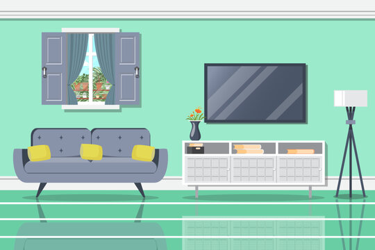 Living room with television shelf and sofa in modern style.