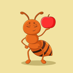 Cute Ant Lifting Apple Illustration