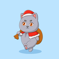 Cute Cat Carrying Christmas Gift Bag Illustration