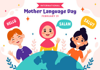 International Mother Language Day Vector Illustration on February 21 with Mom Says Hello in Several World Languages in Flat Kids Cartoon Background © denayune