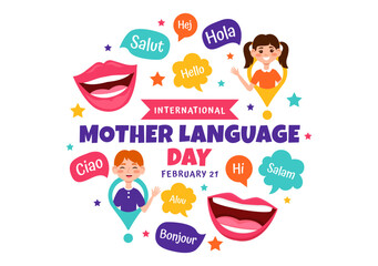 International Mother Language Day Vector Illustration on February 21 with Mom Says Hello in Several World Languages in Flat Kids Cartoon Background