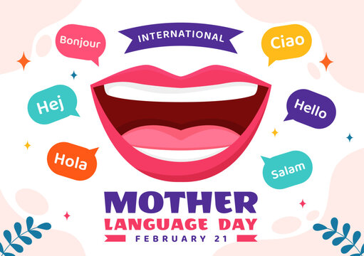 International Mother Language Day Vector Illustration on February 21 with Mom Says Hello in Several World Languages in Flat Kids Cartoon Background