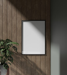 simple minimalist frame mockup poster hanging on the wooden wall with plant decor lit by sunlight