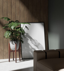 100x150 cm wooden frame mockup poster in the minimalist interior with sofa and plant