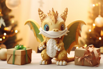 Fototapeta premium Dragon character with big gift box, present for New Year with white and golden colors. For your design, print on postcard