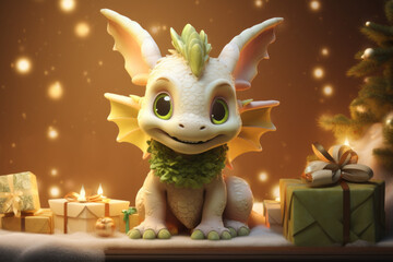 Dragon character with big gift box, present for New Year with white and golden colors. For your design,  print on postcard
