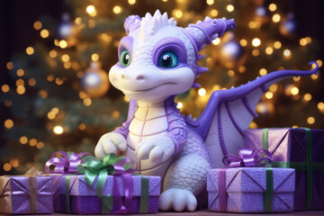 Dragon character with big gift box, present for New Year with violet and golden colors. For your design,  print on postcard