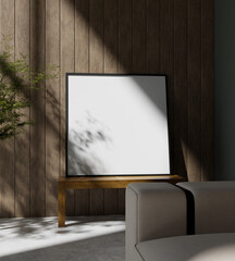 a square wooden frame mockup poster in the wooden interior with plant tree decoration