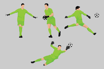 Green Goalkeeper Football Soccer Players in Various Poses Vector