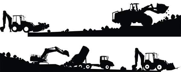 construction tractor and builders silhouette - obrazy, fototapety, plakaty