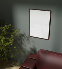 brown frame mockup poster hanging on the green wall with cinematic view