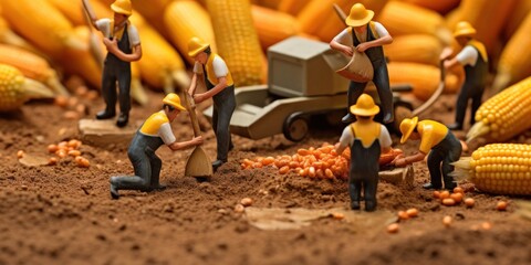 miniature workers are in an area with corn kernels, generative AI