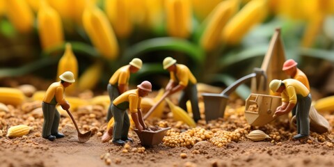 miniature workers are in an area with corn kernels, generative AI - obrazy, fototapety, plakaty