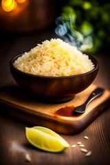 only one delicious bowl of rice with butter, brazil style, bright picture ,Amazing photo, rice and chicken, Food photography, f8, 50mm lens, Intricately detailed, 8k, smoke ,a delicious bowl of rice b