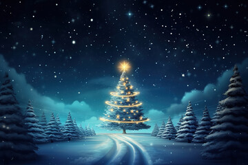 Christmas Tree Lighting Decoration in Snowy Forest Road Landscape with Snowfall. Beautiful Christmas Night Background for Banner or Poster with Copy Space