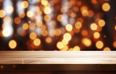 Christmas Lights Garland on Empty Wooden Table for Product Display. Blurred Lights and Bokeh Night Background. Copy Space for Christmas or New Year Banners or Posters.