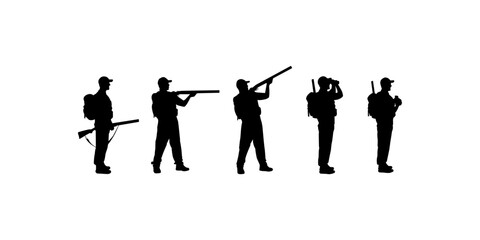 Hunter silhouettes. Black silhouette of hunter with shotgun. Hunters silhouettes collection isolated white background.