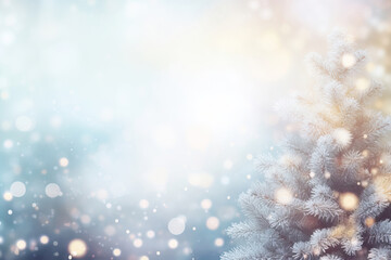 Fototapeta na wymiar Winter Wonderland, Blurred Christmas Background with Snowfall, Decorated Xmas Tree, and Festive Atmosphere. Widescreen Backdrop for New Year with Copy Space for Seasonal Banner and Poster.