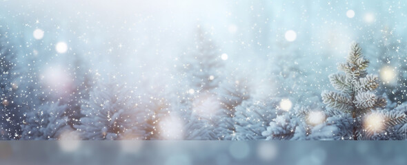 Winter Wonderland, Blurred Christmas Background with Snowfall, Decorated Xmas Tree, and Festive Atmosphere. Widescreen Backdrop for New Year with Copy Space for Seasonal Banner and Poster.