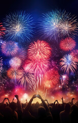 Fototapeta na wymiar Colorful Fireworks Celebration for New Year and 4th of July Independence Day with Bokeh Background. Abstract Holiday Scene with Free Space for Text over the City in Red and Blue.