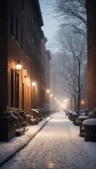 Fototapeta premium In a snow-covered alley on a winter day, snowflakes gently fall from the sky, creating a picturesque scene. Generative AI