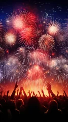 Poster Colorful Fireworks Celebration for New Year and 4th of July Independence Day with Bokeh Background. Abstract Holiday Scene with Free Space for Text over the City in Red and Blue. © RBGallery