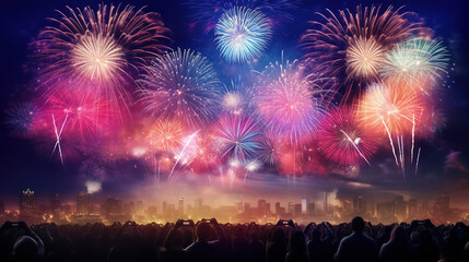 Obraz premium Colorful Fireworks Celebration for New Year and 4th of July Independence Day with Bokeh Background. Abstract Holiday Scene with Free Space for Text over the City in Red and Blue.
