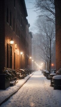 In a snow-covered alley on a winter day, snowflakes gently fall from the sky, creating a picturesque scene. Generative AI