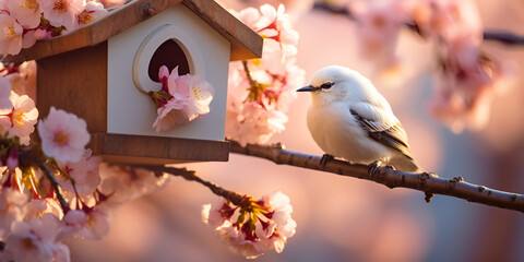 bird on a branch , Little Birdhouse Spring Blossom ,  Nightingale House, Garden Birds On The Birdhouse With Spring Flowers with generative ai
