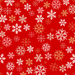 Christmas background with snowflakes on red. Winter seamless pattern. Vector cartoon flat illustration.