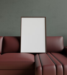 dark wooden frame mockup poster on the red sofa