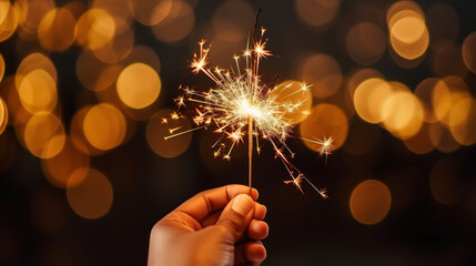 Hand Holding Burning Sparkler Blast on Black Bokeh Background at Night: Holiday Celebration Event Party. Background, Postcard, Invitation for New Year or Celebration. Copy Space. - Powered by Adobe