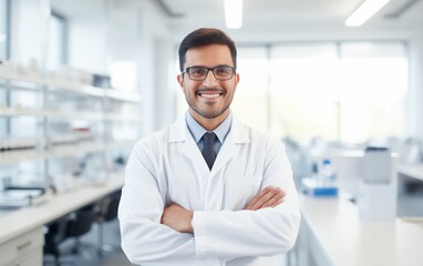 Fototapeta premium Portrait of young adult male scientist inside scientific laboratory feeling proud and confidence.