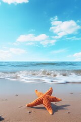 Summer beach with starfish and shells. Background sea. Hello summer