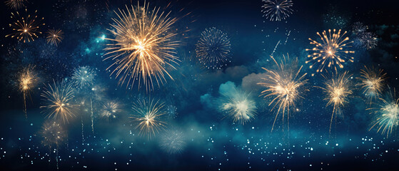 Naklejka premium New Year Fireworks on Blue Background with Copy Space for Banner, Poster, Panorama. Fireworks and Sparklers on Rustic Dark Blue Night Sky Texture.
