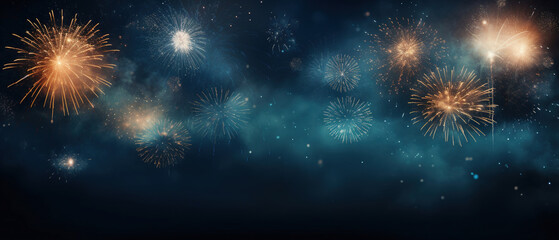 New Year Fireworks on Blue Background with Copy Space for Banner, Poster, Panorama. Fireworks and...