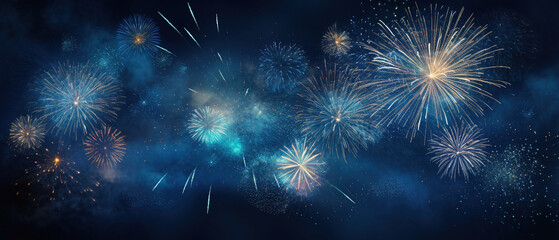 Fototapeta premium New Year Fireworks on Blue Background with Copy Space for Banner, Poster, Panorama. Fireworks and Sparklers on Rustic Dark Blue Night Sky Texture.