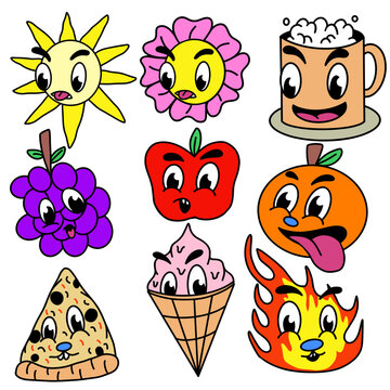 Retro cartoon stickers with funny comic characters, gloved hands. Contemporary illustration with cute comic book characters. Doodle Comic characters. Contemporary cartoon style set.