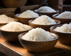 bowls of rice stacked on a wooden plate  