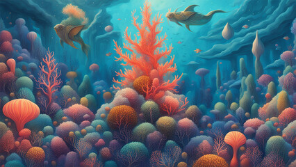 Fototapeta na wymiar Luminescent Depths surreal underwater cityscape
