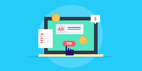 Bid for PPC advertising, business strategy for search engine marketing, keyword placement for digital ad space, vector illustration web banner.