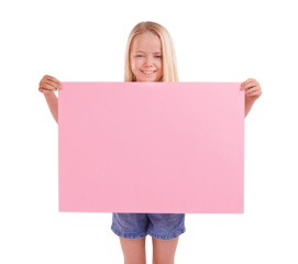 Portrait, smile and kid with sign for mockup space, advertising and marketing. Happy girl child with banner, paper poster and promotion, information or flyer isolated on a transparent png background