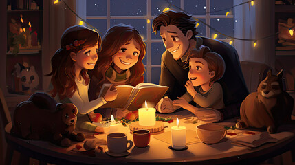 a family smilling togetther on christmas night