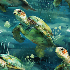 Sea turtles underwater cartoon repeat pattern