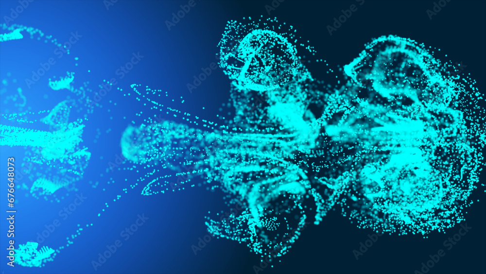 Poster light blue fluid particle dots are flowing. glowing fluid particles flowing with a dark background; 