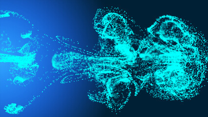 Light blue fluid particle dots are flowing.  glowing fluid particles flowing with a dark background; abstract background of flying and flickering liquid particles as bokeh of light.