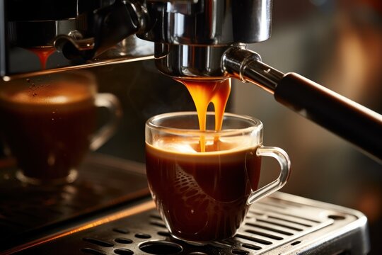 A Preparation of espresso coffee by using coffee machine. Espresso pouring from coffee machine. Close-up of espresso pouring from coffee machine. Professional coffee brewing. - Powered by Adobe